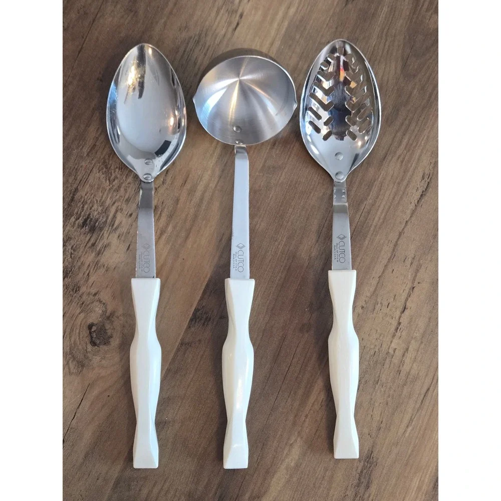 Cutco Vintage 3 Piece Serving Set White Swirl Handle Ladle Slotted Basting Spoon